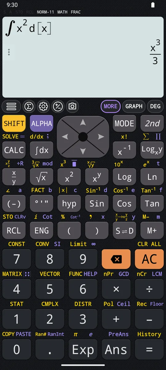 The antiderivative of x² on the display, answered x³/3.