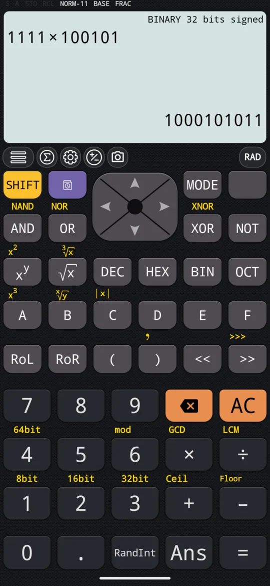 15 × 37, then BIN: the calculation becomes 1111 × 100101 and the answer 1000101011.
