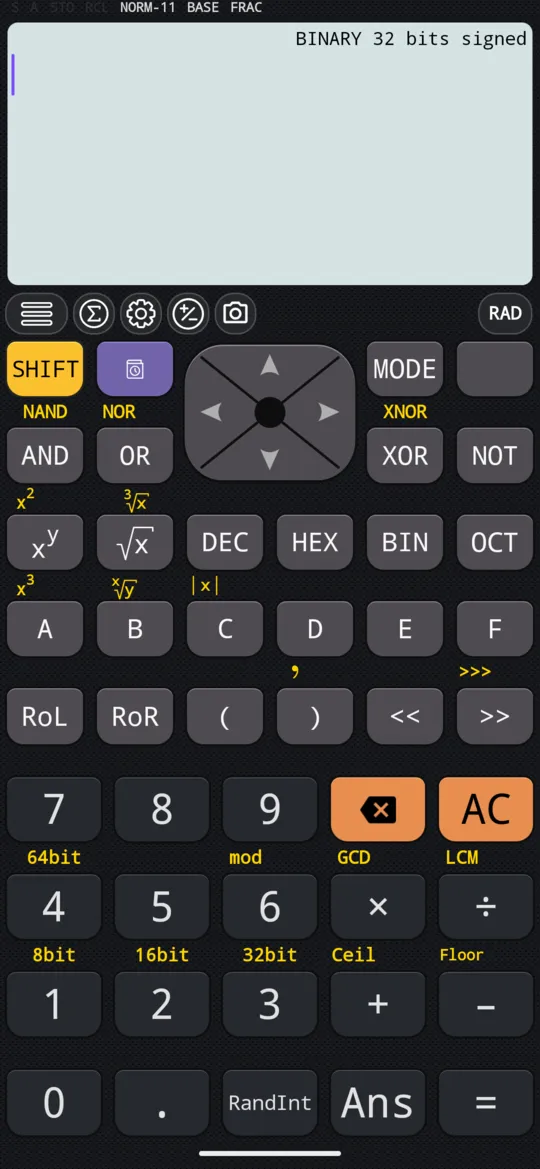 BASE-N mode in binary: DEC, HEX, BIN and OCT, the digits A to F and the logic keys.