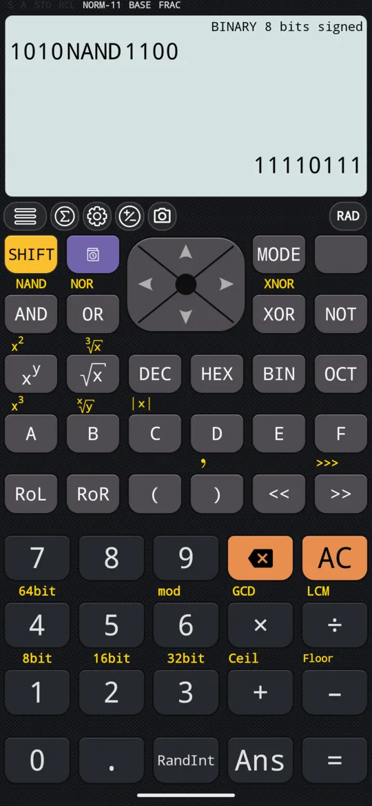 1010 NAND 1100 in binary at 8 bits: 11110111.