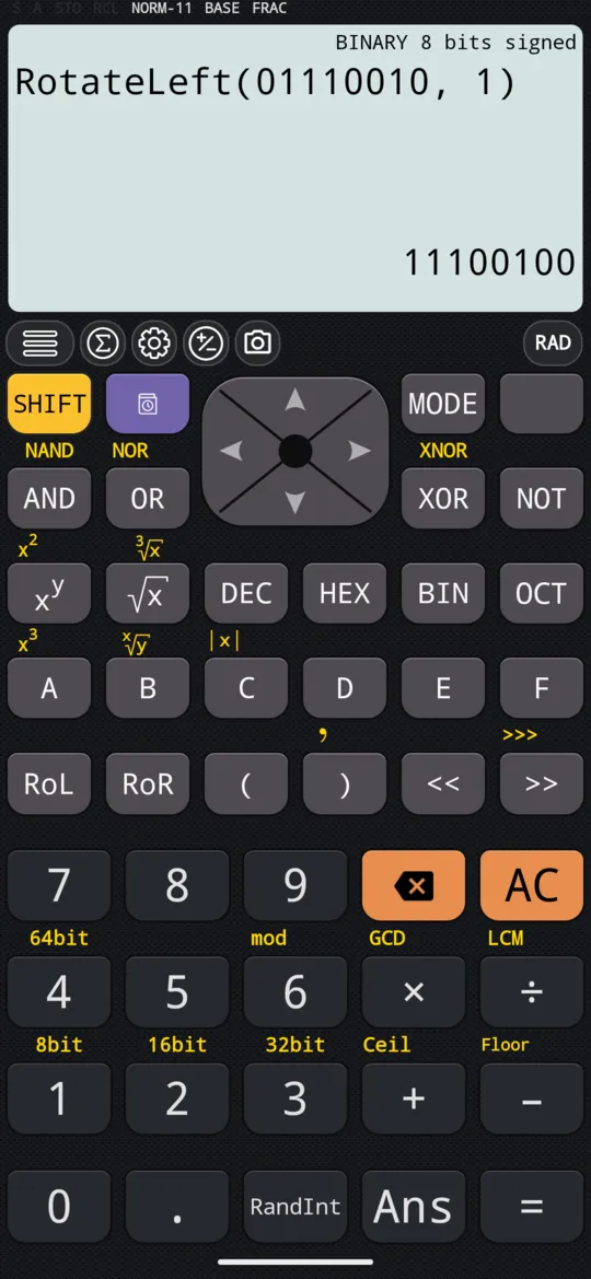 RoL on the phone: RotateLeft(01110010, 1) at 8 bits gives 11100100.