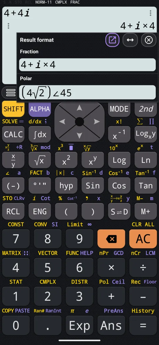 4 + 4i, touched: the Result format dialog, with the rectangular form, 4 + i × 4, under Fraction and the polar form, (4√2)∠45, under Polar.