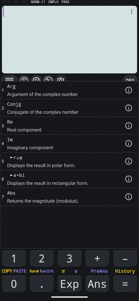 SHIFT 2 in CMPLX mode: the complex menu, from Arg to Abs.