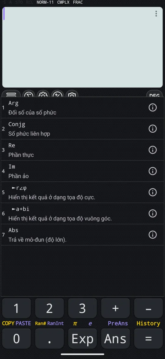 SHIFT 2 ở chế độ CMPLX: menu số phức, bảy mục từ Arg đến Abs, mỗi mục kèm một dòng mô tả, như Số phức liên hợp dưới Conjg.
