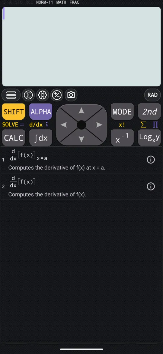 The derivative menu, open below the top two rows of keys: d/dx[f(x)] at x = a, which computes the derivative at x = a, then d/dx[f(x)], which computes the derivative of f(x).