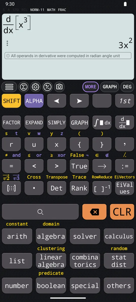 The derivative of x³ in Degree mode: the answer 3x², and under it the note All operands in derivative were computed in radian angle unit.