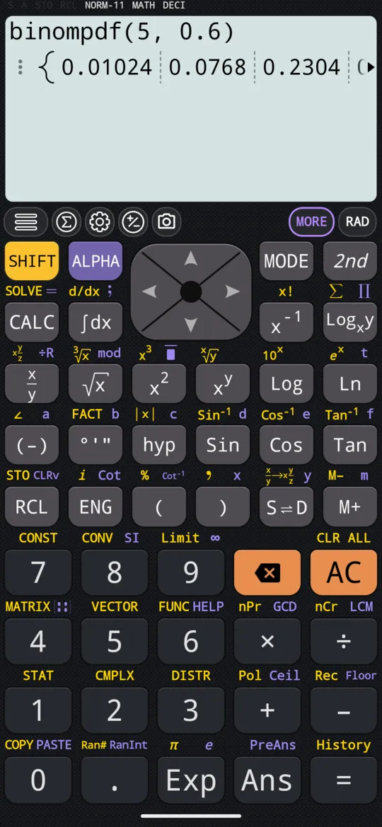 binompdf(5, 0.6) on the phone: the first outcomes of the table, with the rest past the right edge of the display.