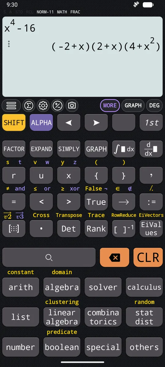 FACTOR on the extended keyboard: x⁴ − 16 taken apart as far as the integers allow.