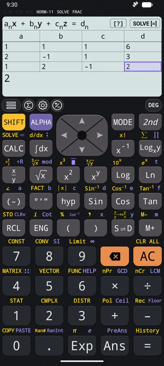 Three equations in three unknowns, entered as a grid of coefficients.