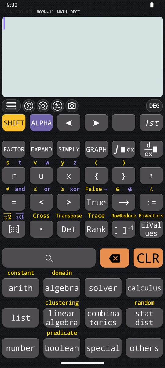 The extended keyboard behind 2nd: Factor, Expand and Simplify, the matrix and vector operations, and twelve further categories of function.