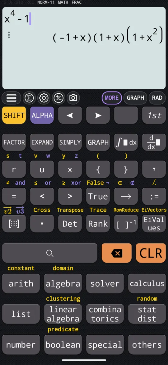 x⁴ − 1 được phân tích: (−1 + x)(1 + x)(1 + x²).