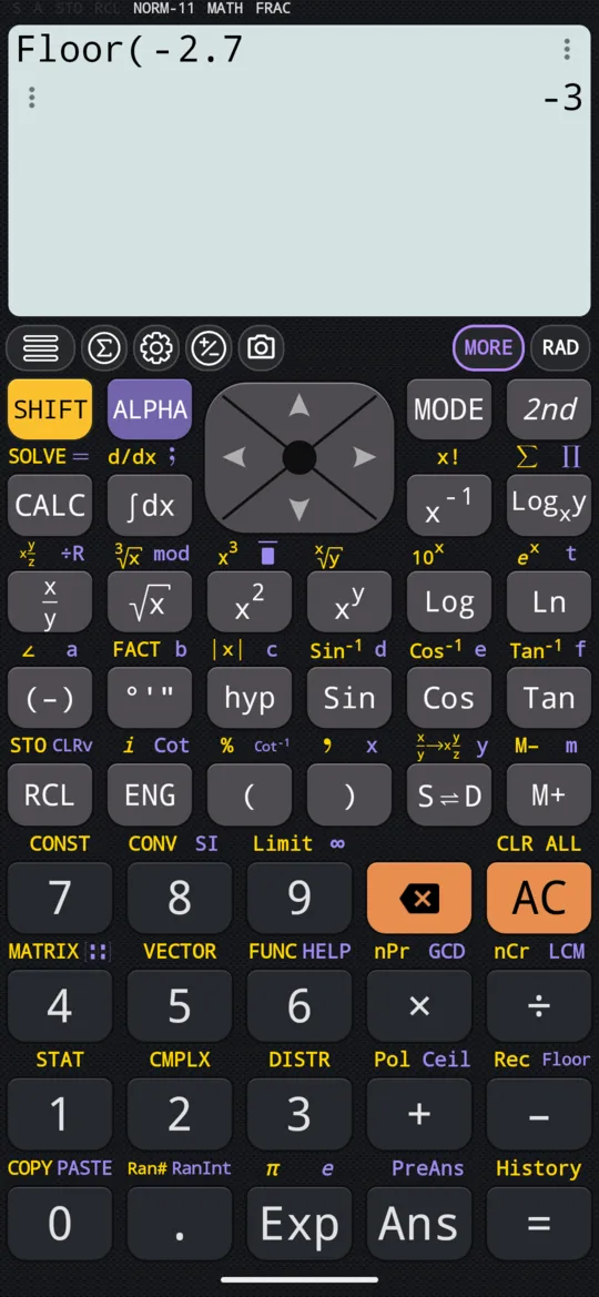 The phone shows Floor(−2.7, the bracket left open as typed, and the answer −3.