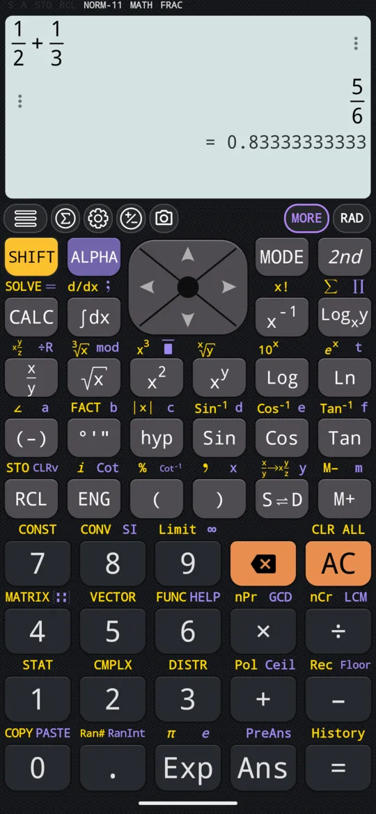 1/2 + 1/3 on the phone: 5/6, and its decimal, 0.83333333333, on the line beneath.
