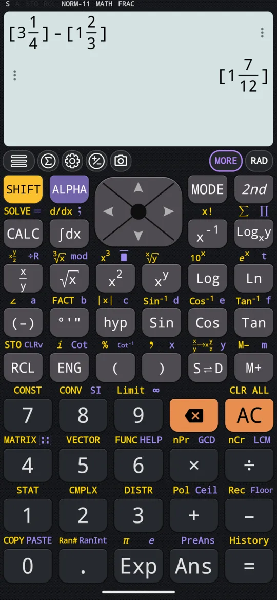 3 1/4 − 1 2/3 after SHIFT S⇌D: the answer as the mixed number 1 7/12.