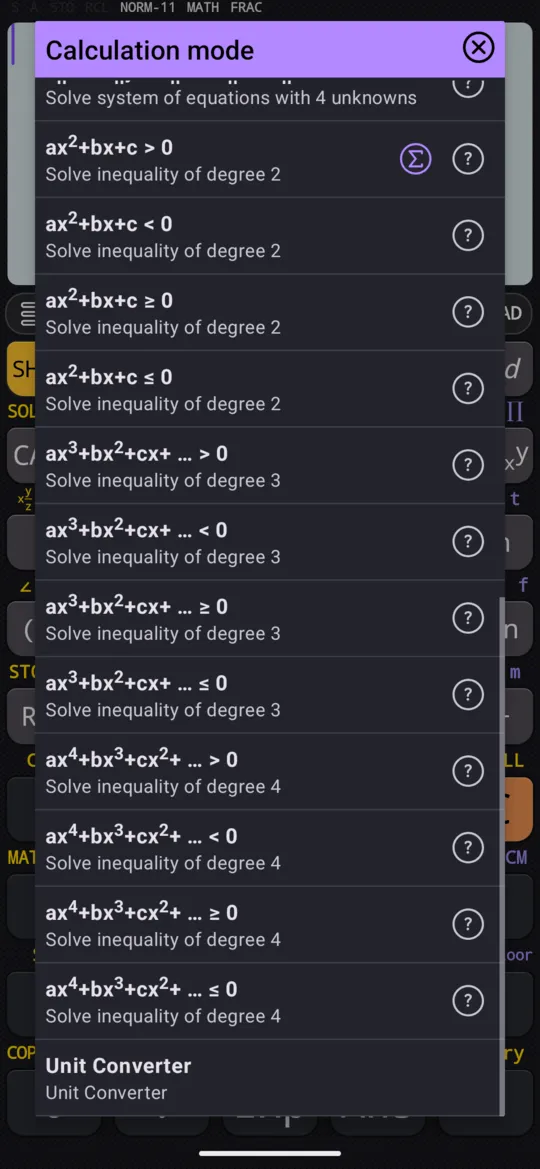 The inequality solvers in the MODE dialog: each entry shows the inequality it solves, ax²+bx+c > 0 and so on, above the words Solve inequality of degree 2, 3 or 4.