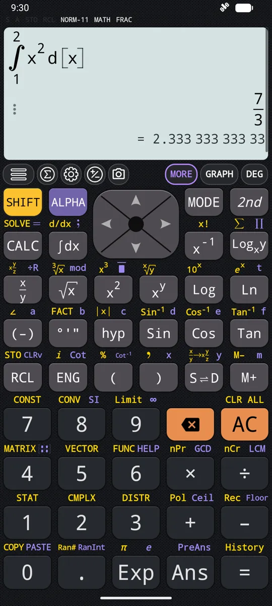 The keypad with the calculus legends: d/dx above ∫dx, Limit and ∞ above 9, ∑ and ∏ above logₓy. On the display, an integral and its answer.