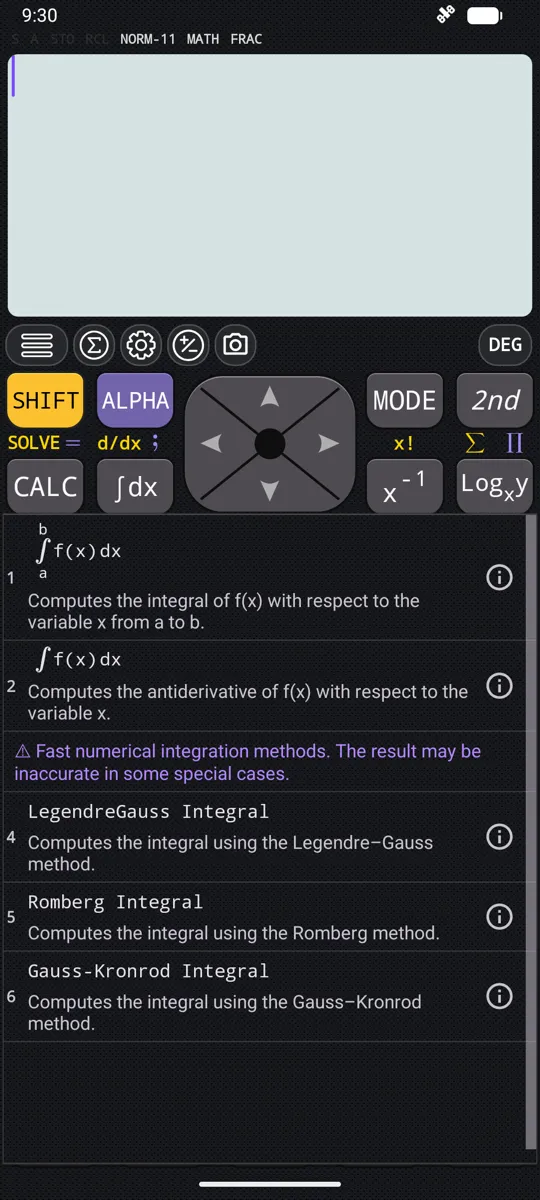 The integral menu open over the keypad: the integral from a to b, the antiderivative, then a warning that the fast numerical methods may be inaccurate in some special cases, above LegendreGauss, Romberg and Gauss-Kronrod Integral.