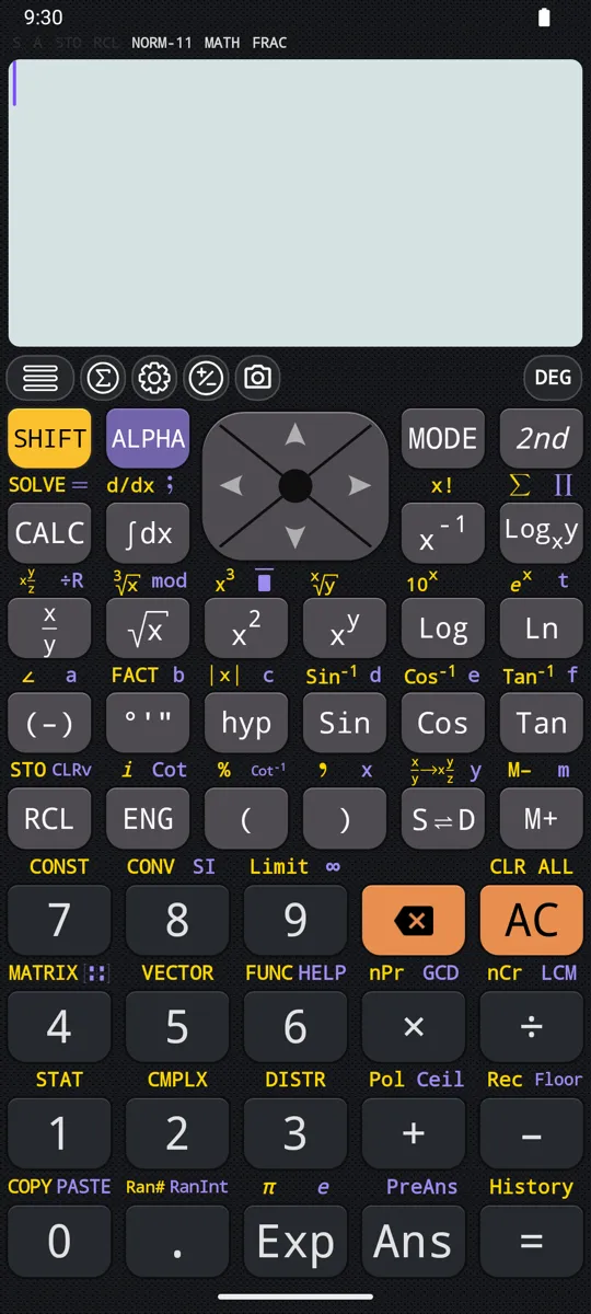 The keypad. Most keys carry a second function printed above them in yellow, reached with SHIFT, and many a third in violet, reached with ALPHA.