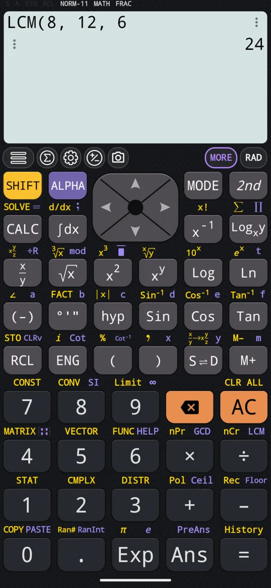 On the phone the input line keeps the bracket open as typed, LCM(8, 12, 6, and the answer is 24.