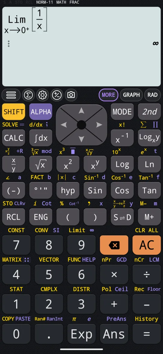 Lim(1/x, x→0⁺) on the display: from the right, the answer is ∞.