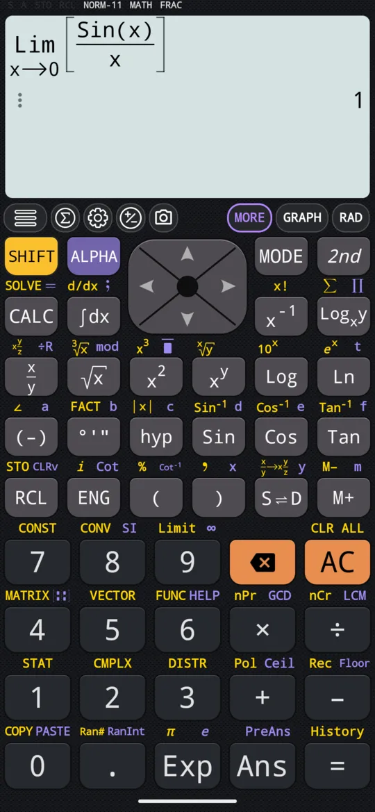 Lim(sin(x)/x, x→0) on the display, answered 1.