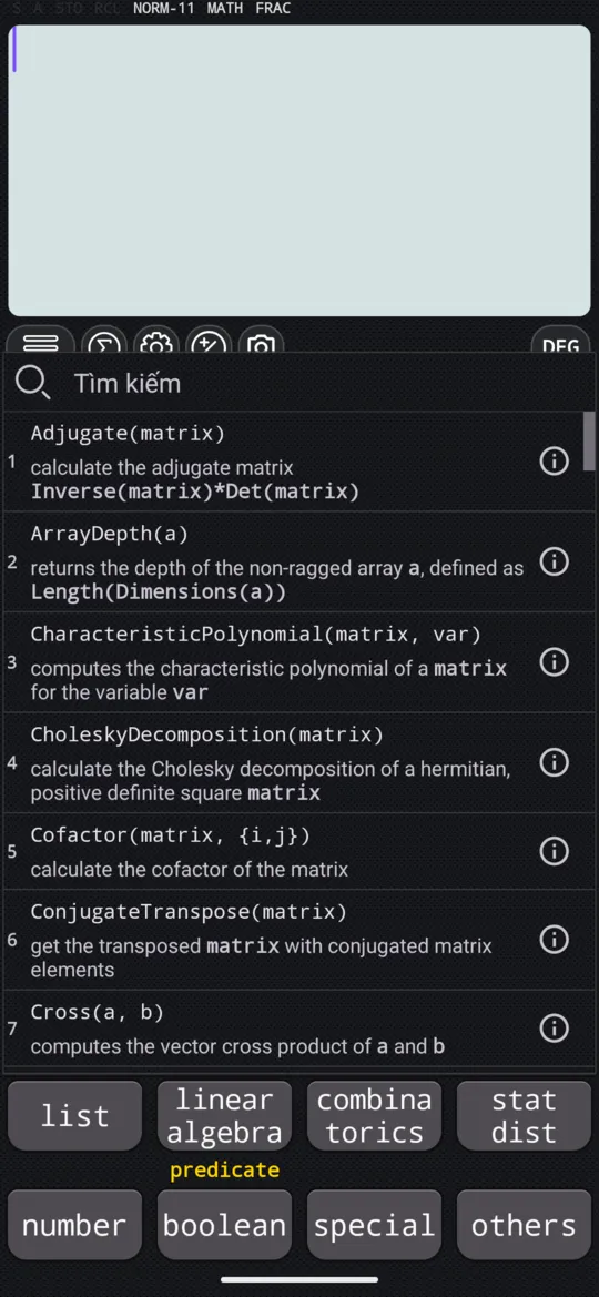Menu linear algebra trên bàn phím thứ hai: danh sách khoảng sáu mươi hàm, có ô tìm kiếm.
