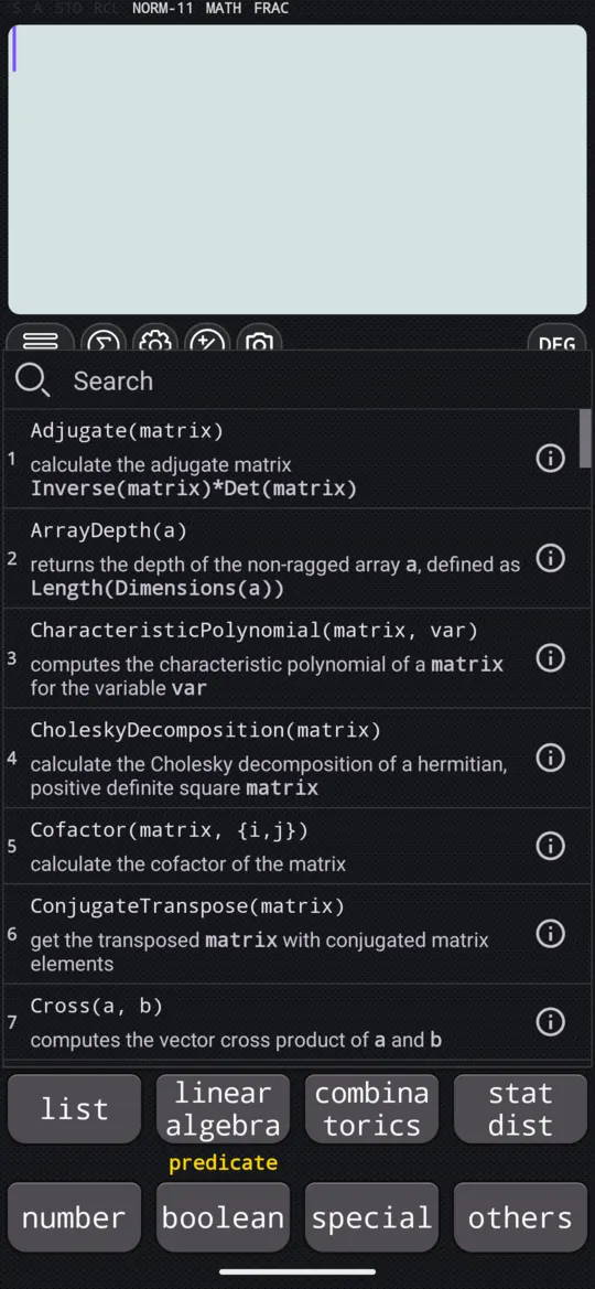 The linear algebra menu on the 2nd keyboard: a searchable list of about sixty functions.