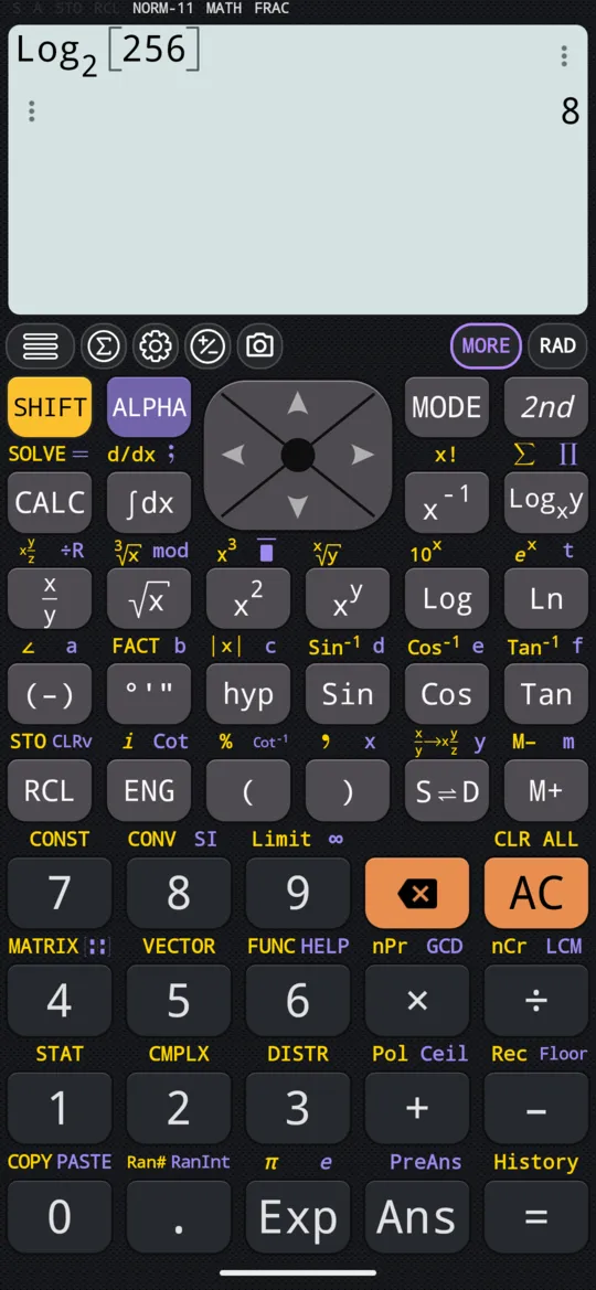 The log of 256 to base 2 on the phone: the base drawn small beside Log, the number in grey brackets, and the answer, 8.