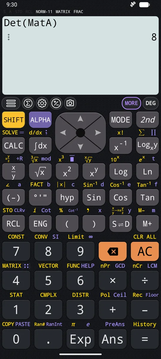 A determinant returned as an exact integer rather than a rounded decimal.