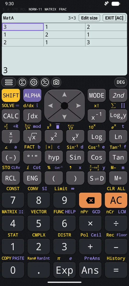 The matrix editor. Four named matrices are kept, each up to seven rows by seven columns.