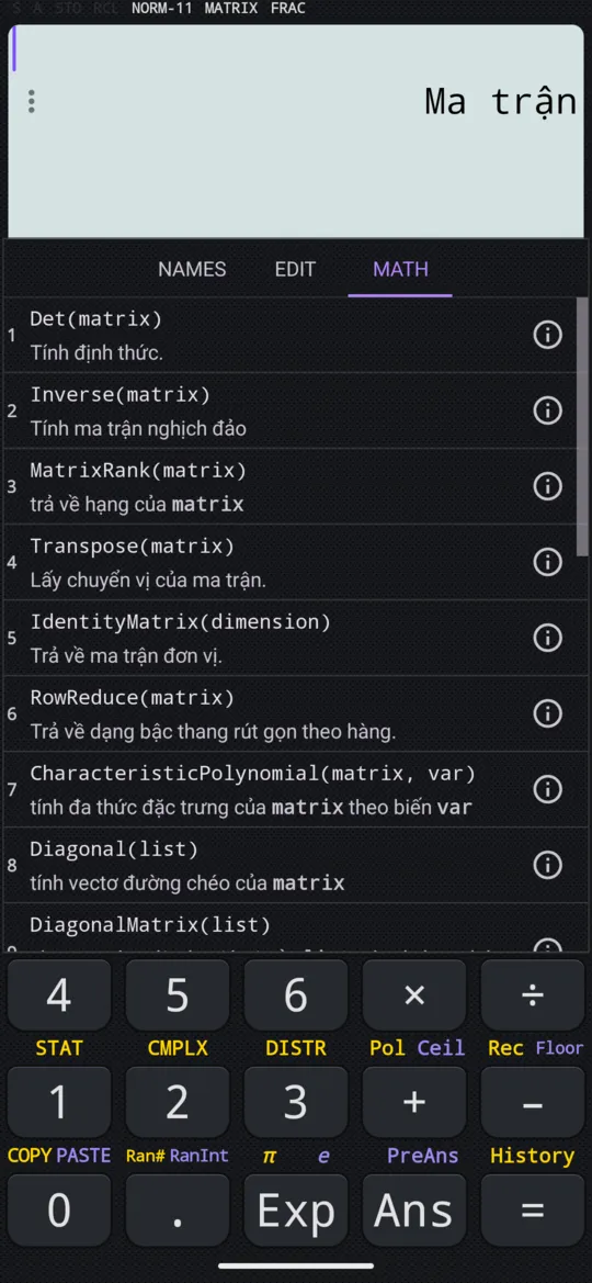 Phần MATH của menu ma trận: Det, Inverse, MatrixRank, Transpose, IdentityMatrix, RowReduce và các hàm khác.