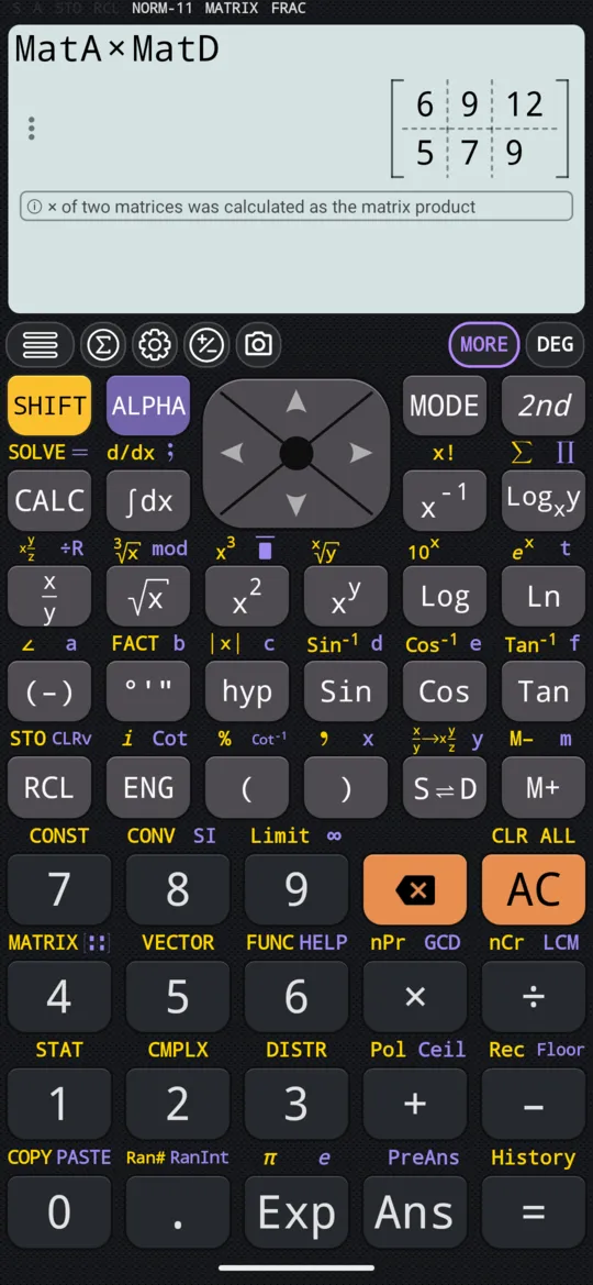 MatA × MatD on the calculation screen: a 2 × 3 answer, with the note that × between two matrices was taken as the matrix product.