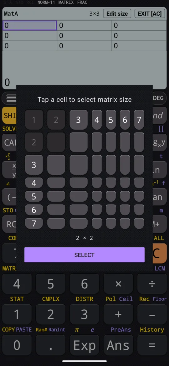 Edit size: a grid of every size from 1 × 1 to 7 × 7, here with 2 × 2 picked.