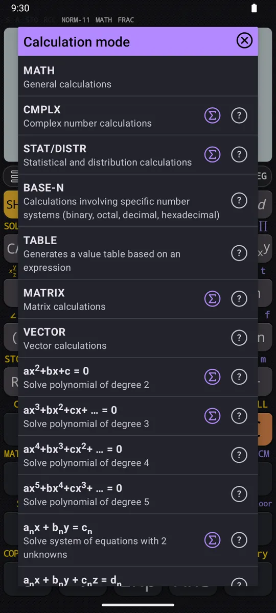 The modes. Complex, statistics, base-n, tables, matrices, vectors, and the polynomial and simultaneous solvers.