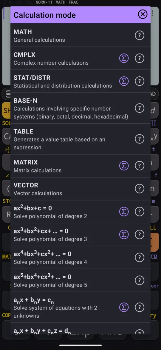 The MODE dialog, Calculation mode: MATH first, then CMPLX, STAT/DISTR and BASE-N, above TABLE, MATRIX, VECTOR and the solvers.