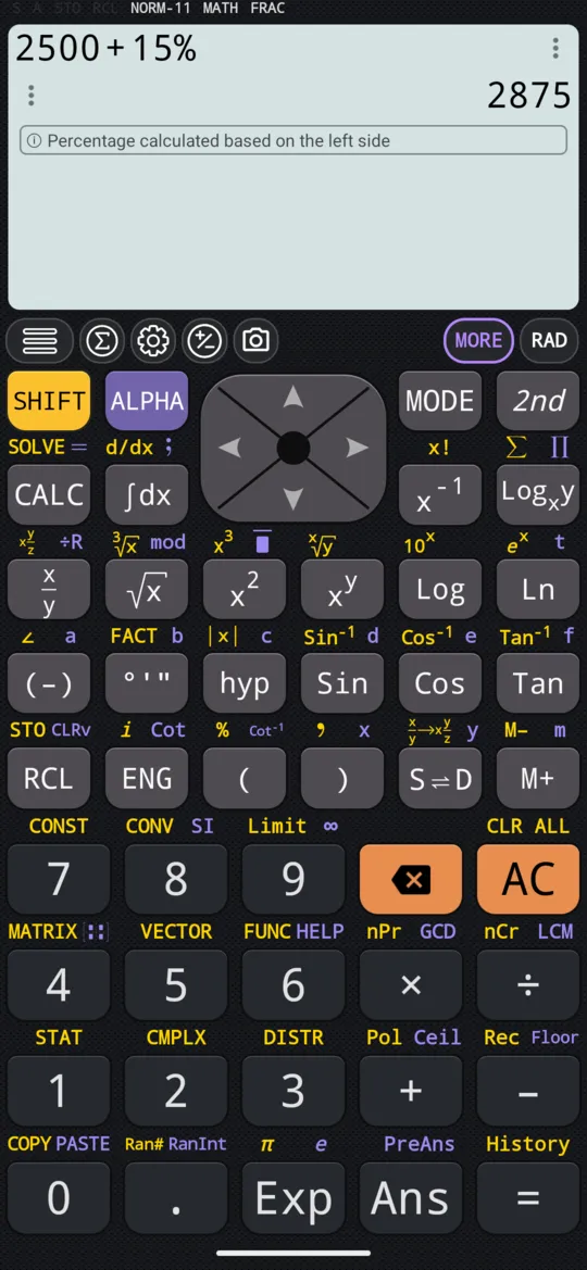 2500 + 15% on the phone: 2875, and under it the line Percentage calculated based on the left side.