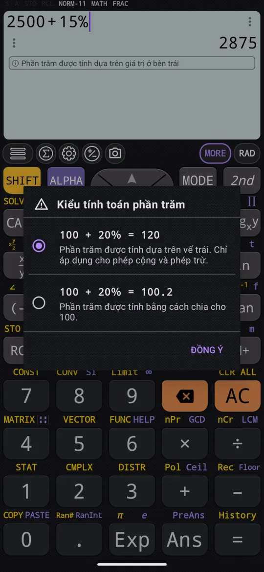 Lần đầu bấm %: hộp thoại Kiểu tính toán phần trăm, với lựa chọn thứ nhất đã được đánh dấu: 100 + 20% = 120, Phần trăm được tính dựa trên vế trái.