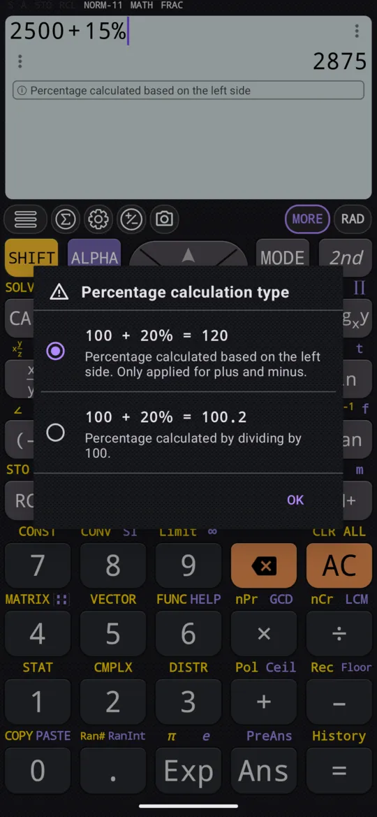 The first press of %: the Percentage calculation type dialog, with the first choice, 100 + 20% = 120, based on the left side, selected.