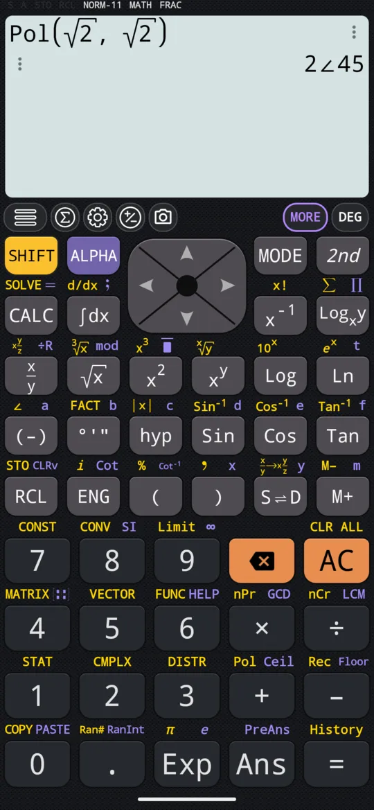 Pol(√2, √2) on the phone, with DEG set: 2∠45.