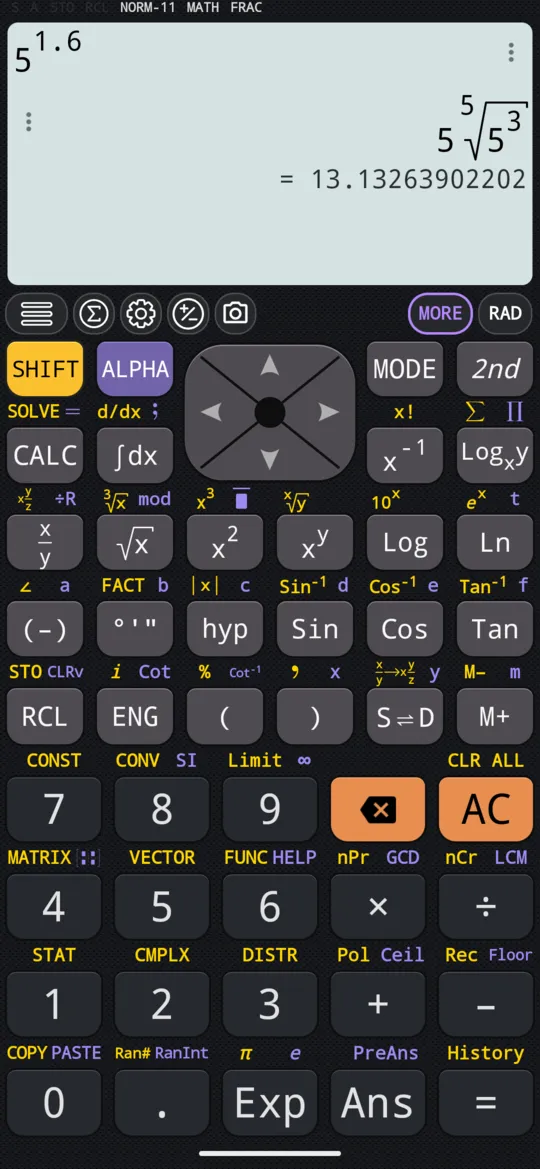 5 to the power 1.6 on the phone, in symbolic calculation: 5 ⁵√5³, and its decimal, 13.13263902202, on the line beneath.