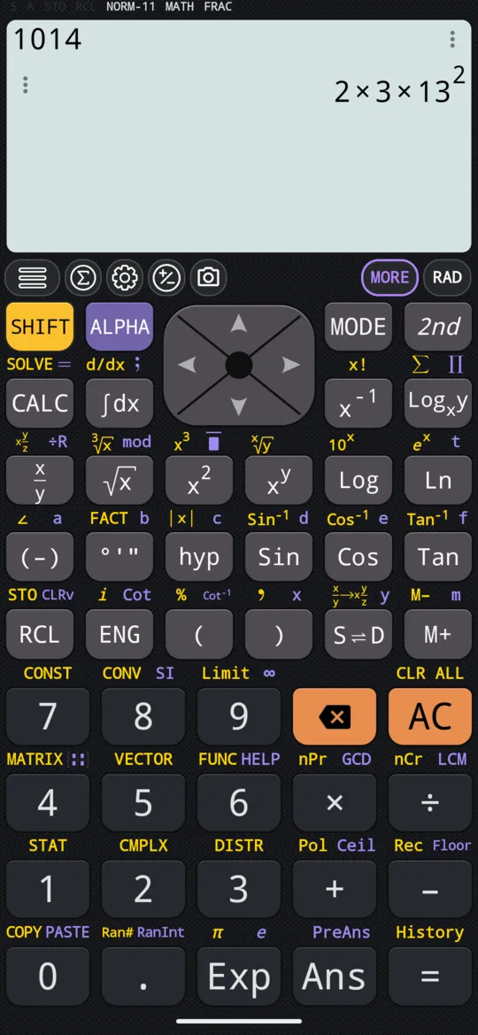 1014, then SHIFT °'" (FACT): 2 × 3 × 13², the repeated prime as a power.