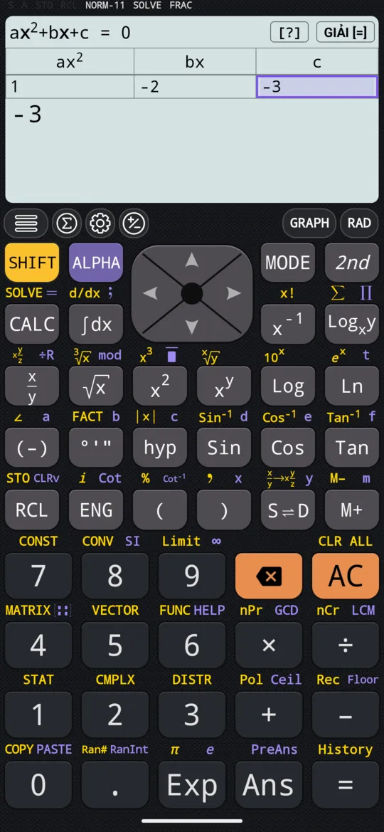 x² − 2x − 3 = 0 nhập bằng các hệ số 1, −2 và −3, dưới các tiêu đề ax², bx và c.