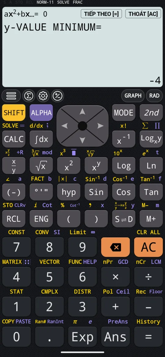 Kết quả thứ tư: y-VALUE MINIMUM = −4, giá trị nhỏ nhất của x² − 2x − 3.