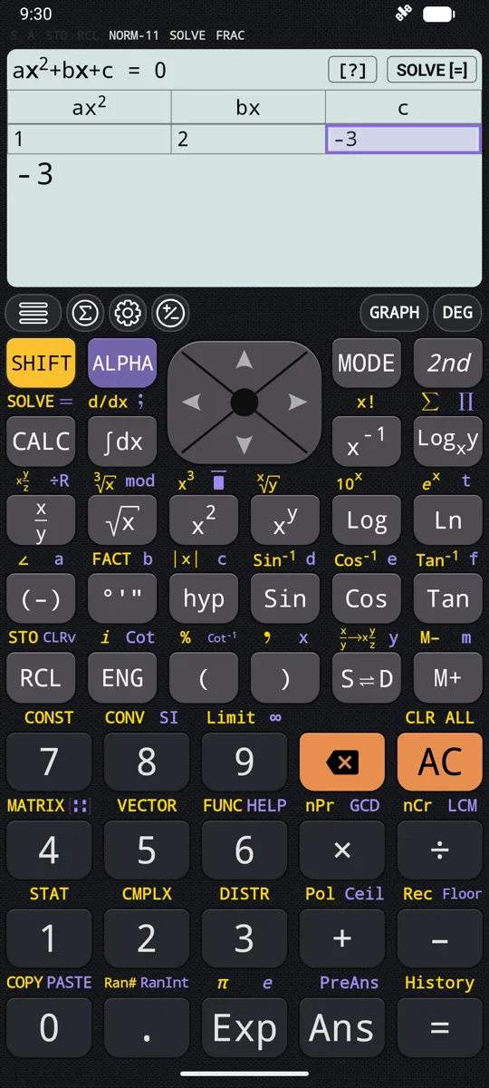 The coefficient editor: a quadratic entered as three numbers, with SOLVE waiting.