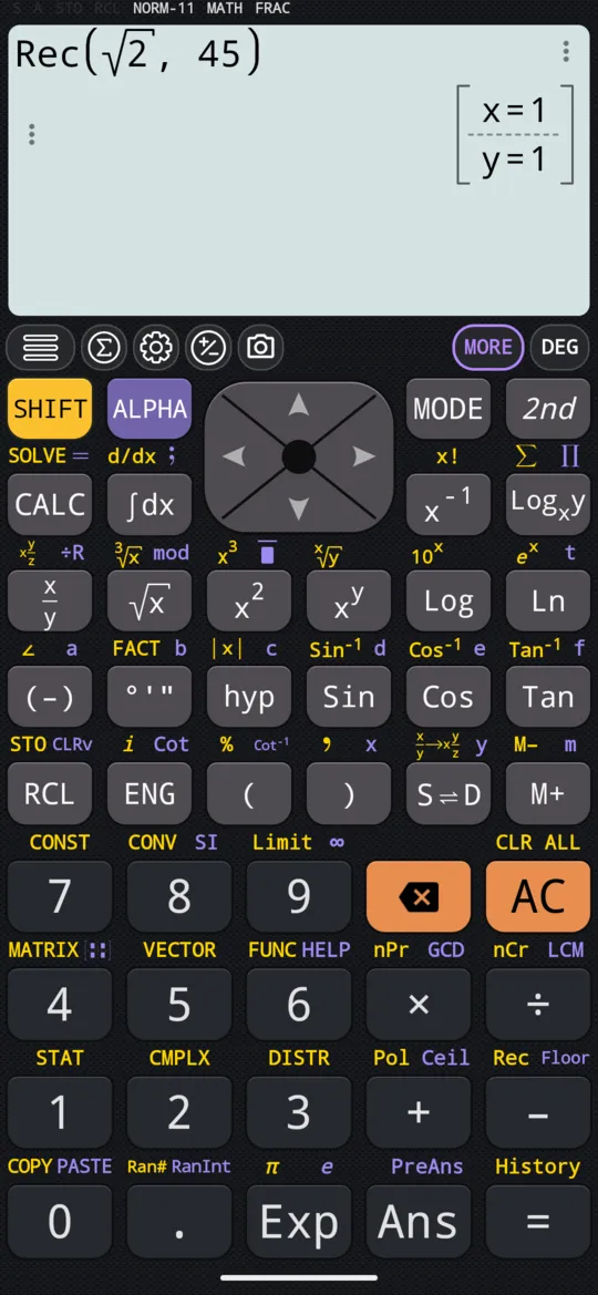 Rec(√2, 45) on the phone, with DEG set: x = 1 above y = 1, in one pair of square brackets.