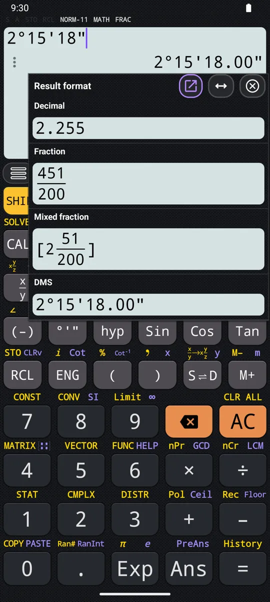 One number, every way of writing it. Touching a result opens decimal, fraction, mixed fraction and sexagesimal at once.