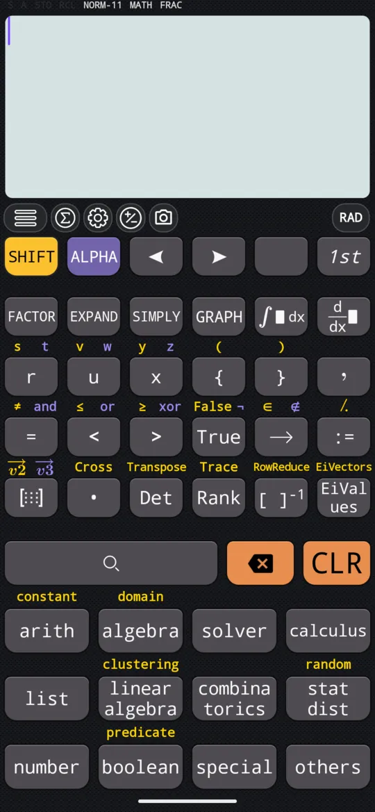 The 2nd keyboard: above =, < and > are ≠, ≤ and ≥ in yellow for SHIFT and the operators and, or, xor in violet for ALPHA; above True are False and ¬. The boolean key is in the grid at the bottom.