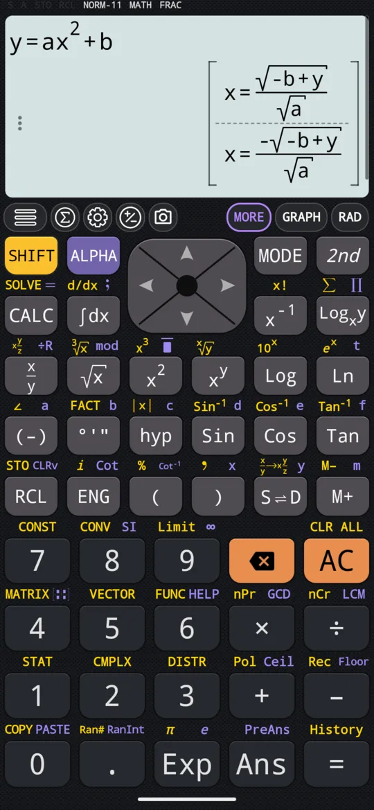 y = ax² + b giải theo x: hai nghiệm cùng nằm trong một danh sách đặt trong ngoặc vuông, mỗi nghiệm một dòng.