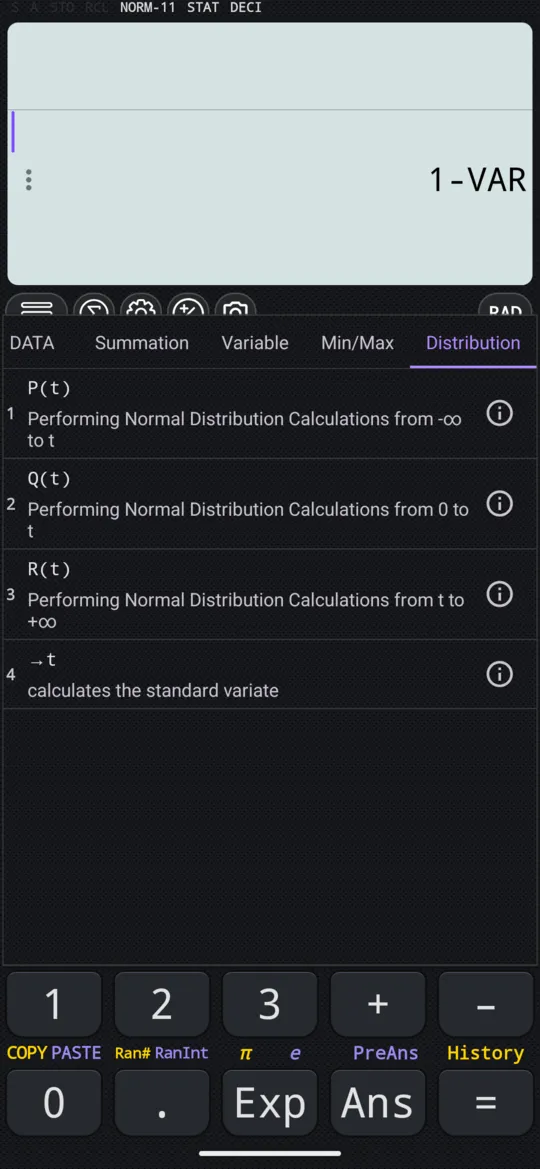 The Distribution tab of the STAT menu: P(t), Q(t), R(t) and →t, each with the part of the curve it measures.