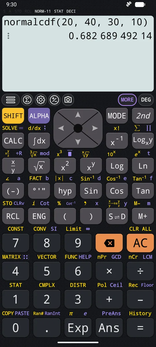 A normal probability between one standard deviation either side of the mean, to eleven figures.